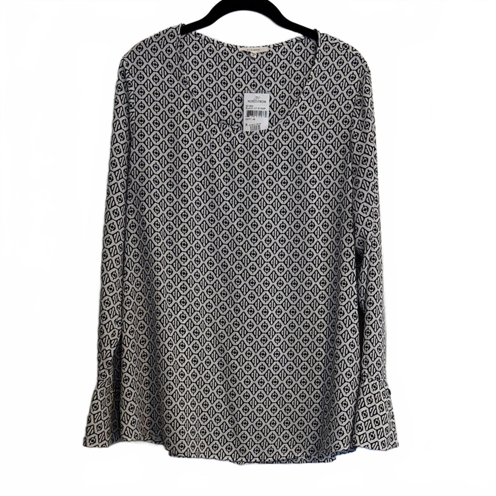 Pleione Black and White Printed Long Sleeve Blouse